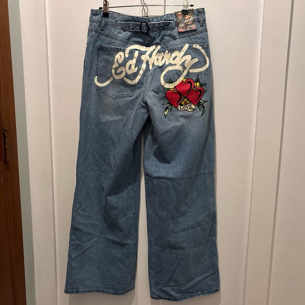 Ed Hardy Graphic Embroidered Heart Wide Leg Jeans